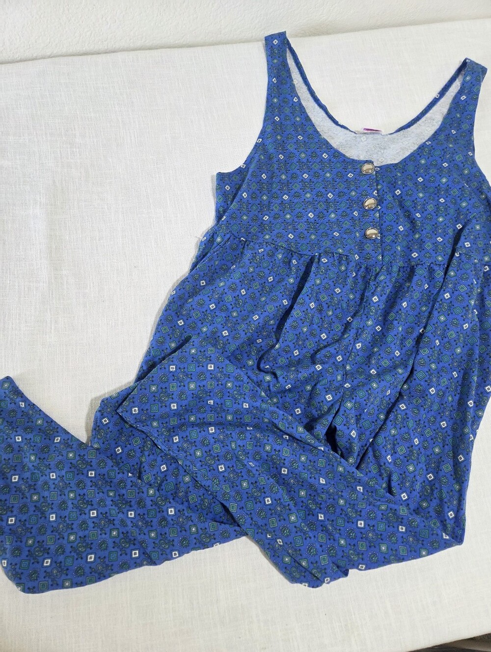 Vintage Maternity Blue Patterned Pantsuit Romper Womens Medium